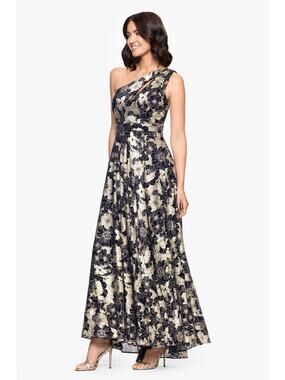 Betsy & Adam Metallic Floral One Shoulder Gown Size 14 Navy Gold A-Line Formal